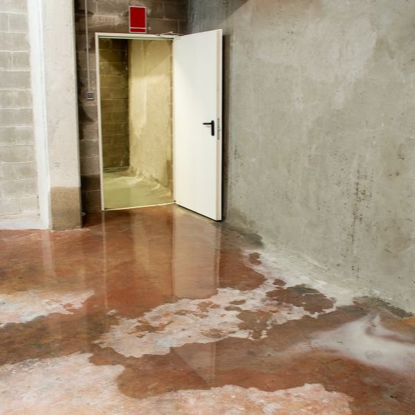 Basement water damage on concrete floor