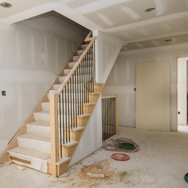 Interior home under renovation with unfinished stairs and drywall